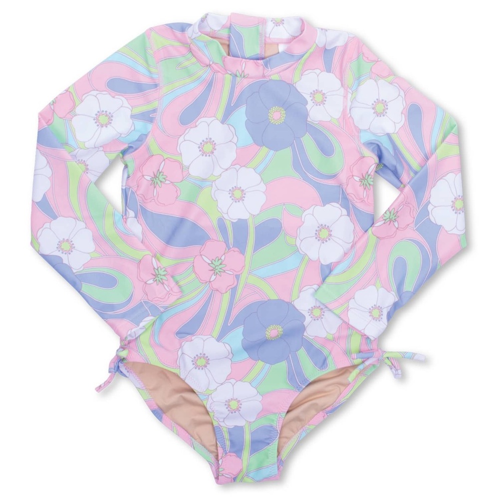 Shade Critters Groovy Daisy Swirl Girls One Piece Long Sleeve Swimsuit
